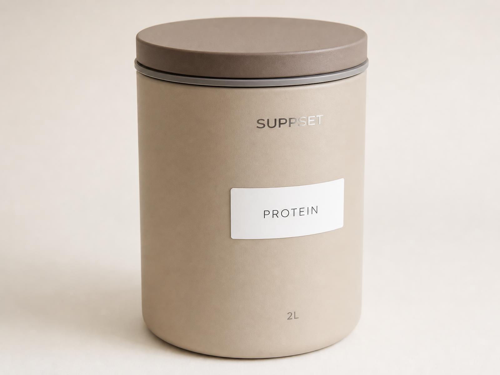 Close-up of a warm-sand powder-coated stainless-steel canister with a subtle laser-marked SUPPSET wordmark