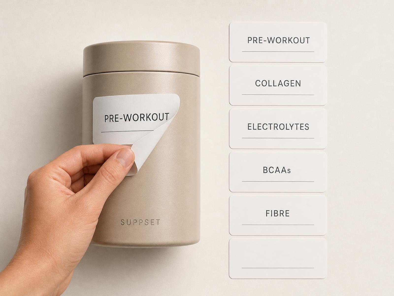 A PRE-WORKOUT label being peeled off a canister beside alternative Collagen, Electrolytes, BCAAs, Fibre and blank labels